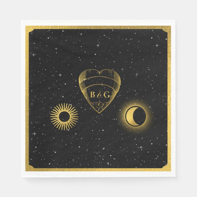 Celestial Stars Crescent Moon Black Gold Wedding Serviette (Vorderseite)