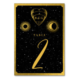 Celestial Stars Crescent Moon Black Gold Wedding Tischnummer