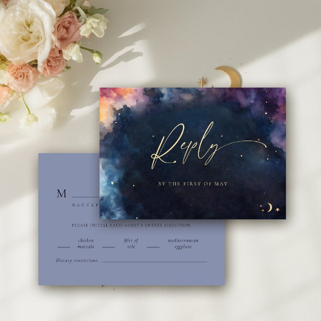 Celestial Stars Mitternacht Blue Meet Wedding RSVP (celestial wedding rsvp meal card cosmic watercolor starry night sky galaxy universe navy blue gold)