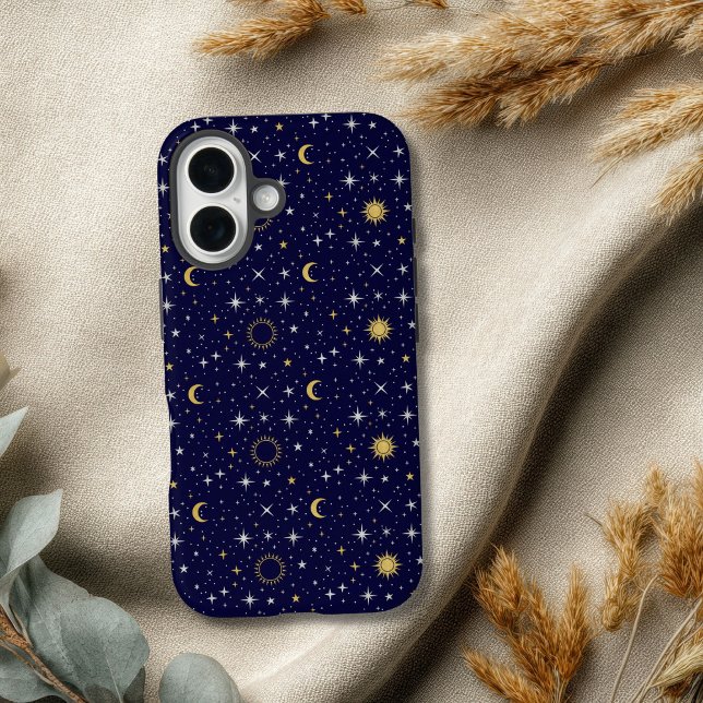 Celestial Stars Moon Sun Blue Gold White Trendy iPhone 16 Hülle (Celestial Blue Gold Stars Moon Sun Crescent Moon iPhone Case)
