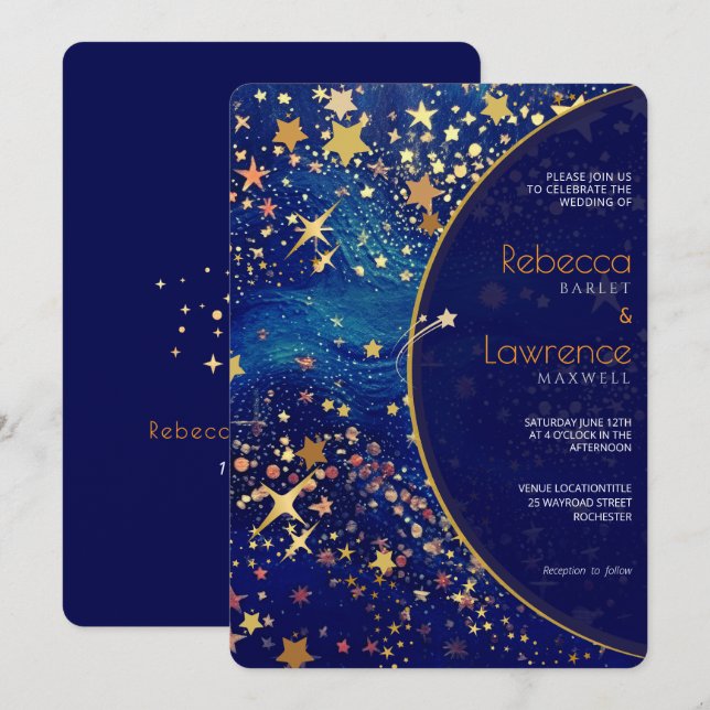 Celestial Stars Nacht Blue Hochzeitseinladung Einladung (Vorne/Hinten)