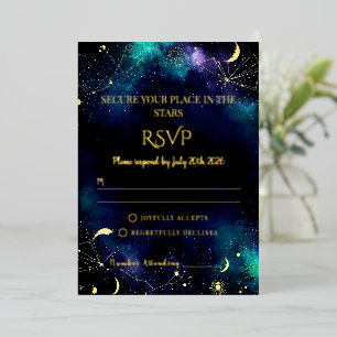 Celestial Stars Navy/Teal Gold Hochzeit-RSVP-Kar Folieneinladung