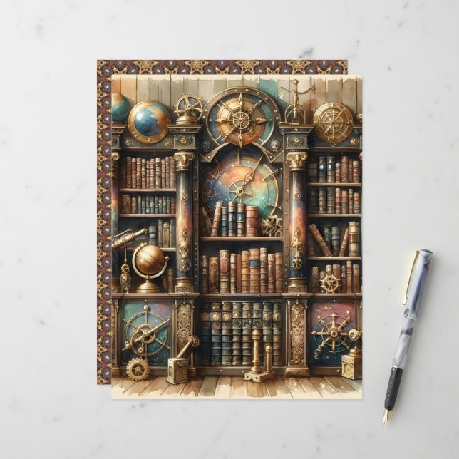 Celestial Steampunk Library Scrapbook Paper (Vorderseite/Rückseite Beispiel)