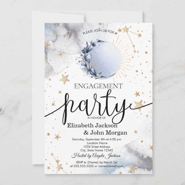 Celestial Sun, Blue Moon, Stars Verlobung Einladung (Vorderseite)