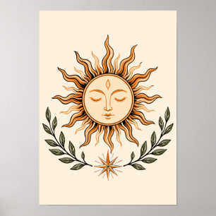 Celestial Sun Face Botanical Mystical Art Poster