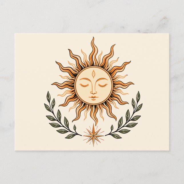 Celestial Sun Face Botanical Mystical Art Postkarte (Vorderseite)