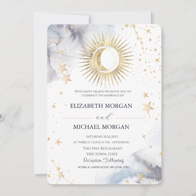 Celestial Sun, Mond, Sterne Hochzeit Einladung (Vorderseite)