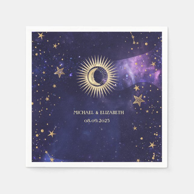 Celestial Sun, Mond, Sterne Lila Serviette (Vorderseite)