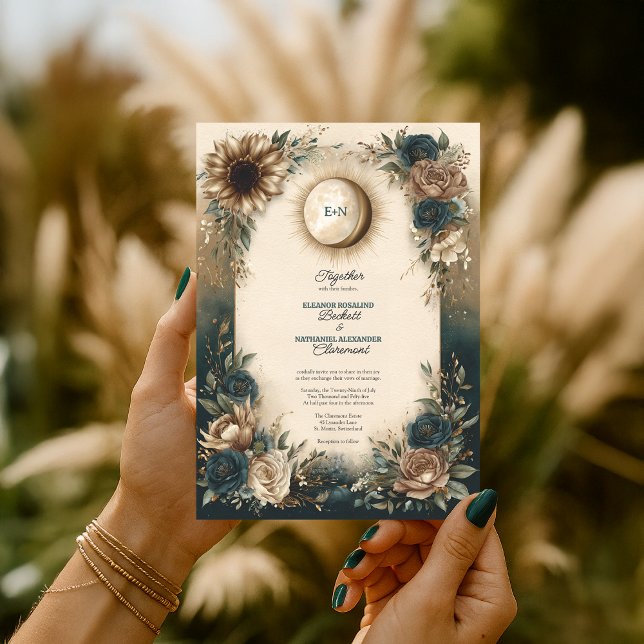 Celestial Sun Moon Boho Floral Rustic Wedding Einladung (Celestial Sun Moon Boho Floral Rustic Wedding Invitation
)