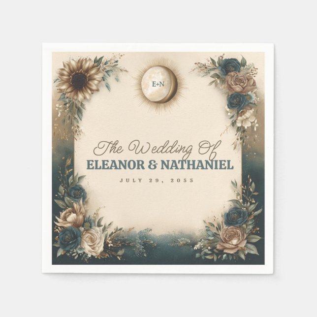 Celestial Sun Moon Boho Floral Rustic Wedding Serviette (Vorderseite)