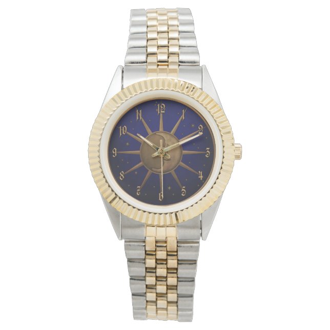 Celestial Sun Moon Brass Bas Relief Graphic Armbanduhr (Vorderseite)