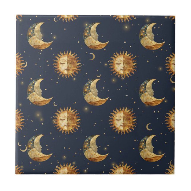 Celestial Sun & Moon Gold Starry Night Pattern (1) Fliese (Vorderseite)