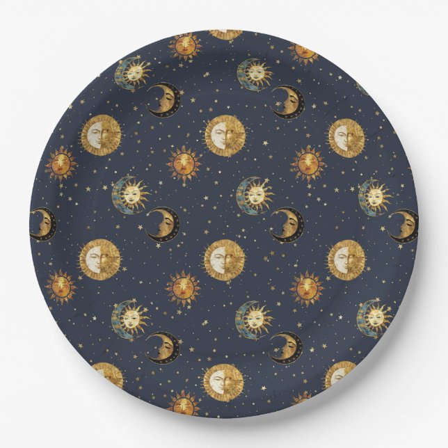 Celestial Sun & Moon Gold Starry Night Pattern (2) Pappteller (Vorderseite)