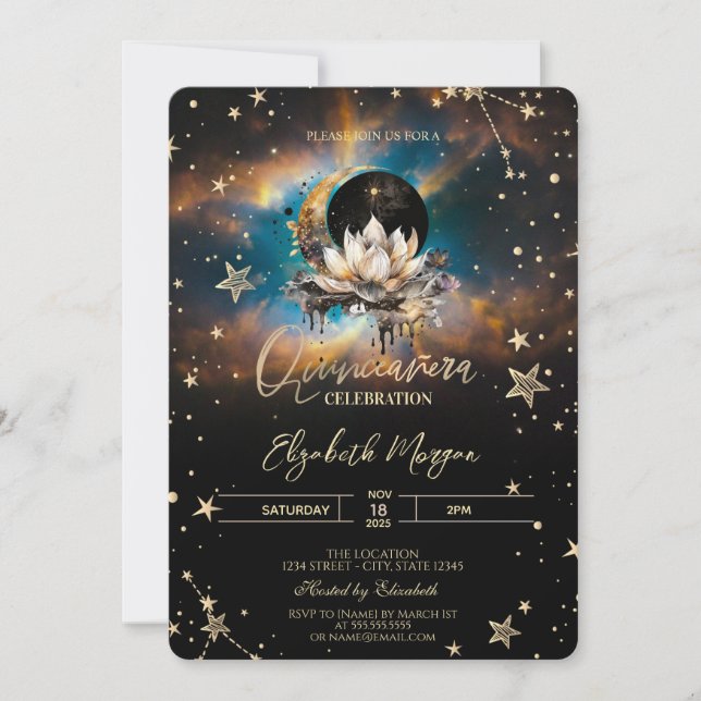 Celestial Sun,Moon Lotus Stars Quinceanera Einladung (Vorderseite)
