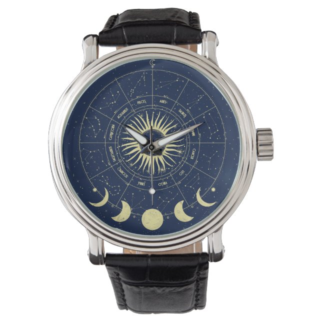 Celestial Sun Moon Phases Zodiac Armbanduhr (Vorderseite)