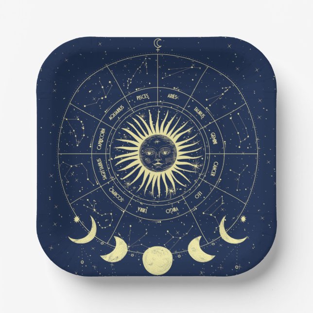 Celestial Sun Moon Phases Zodiac Pappteller (Vorderseite)
