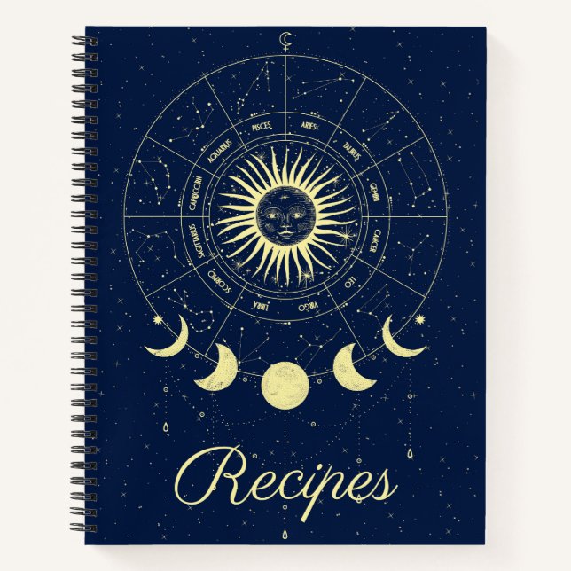Celestial Sun Moon Phases Zodiac Recipe Notizbuch (Vorderseite)
