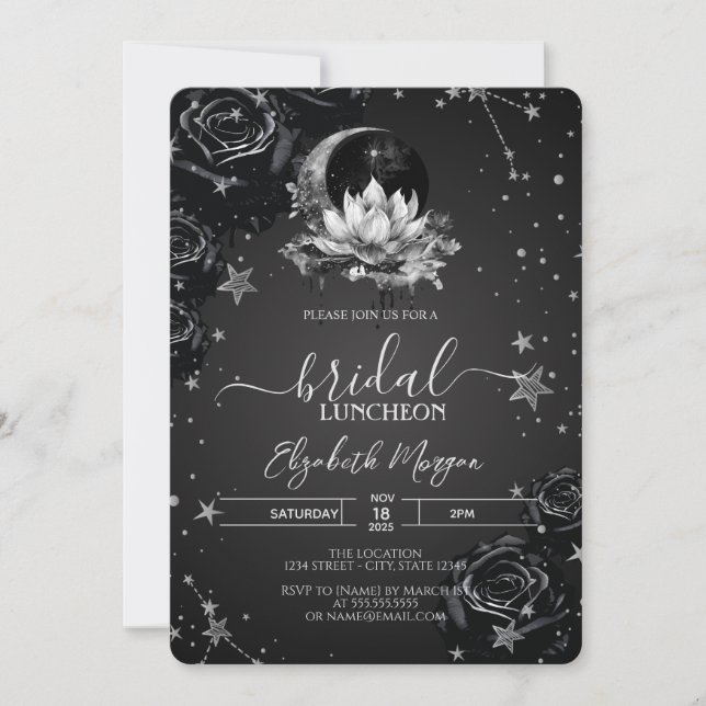 Celestial Sun, Moon, Stars Black Rose Bridal Einladung (Vorderseite)