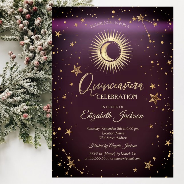 Celestial Sun, Moon, Stars Burgundy Quinceanera Einladung (Von Creator hochgeladen)