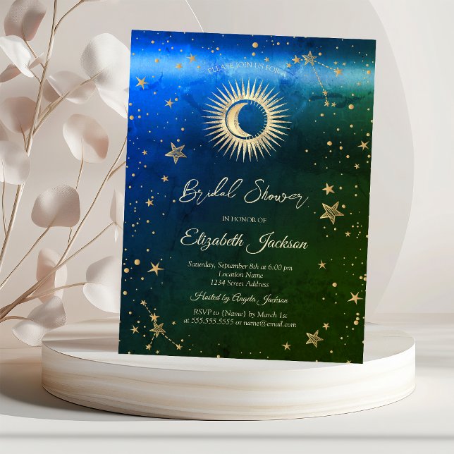 Celestial Sun, Moon, Stars Green Blue Brautparty Einladung (Von Creator hochgeladen)