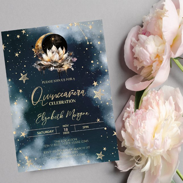 Celestial Sun, Moon, Stars Lotus Sky Quinceanera Einladung (Von Creator hochgeladen)