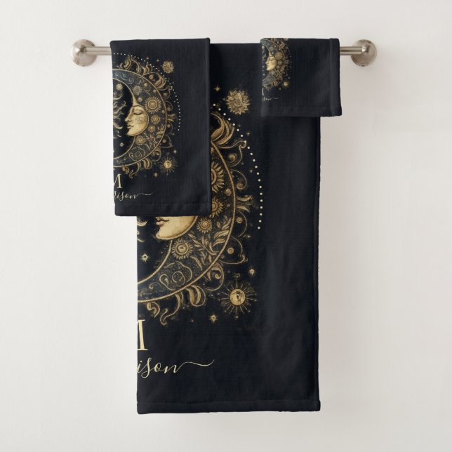 Celestial Sun Moon Stars Mit Monogramm Badhandtuch Set (Insitu)