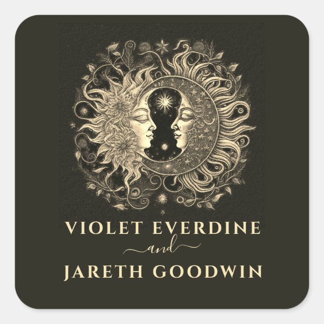 Celestial Sun Moon Wedding Quadratischer Aufkleber (Vorderseite)
