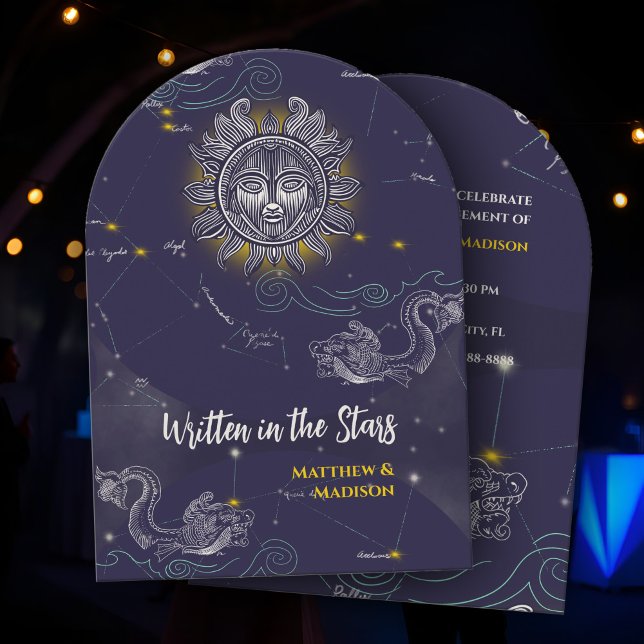 Celestial Sun Star Map Dark Blue Engagement Party Einladung (Celestial Engagement Party Invitation: Starry Sky Map with Sun and Constellations in Midnight Blue)