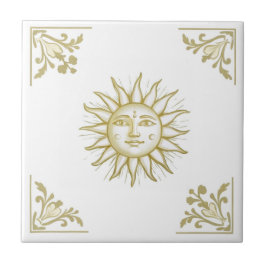 Celestial Sun with Face Gold and White Delft style Fliese
