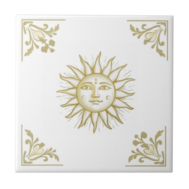 Celestial Sun with Face Gold and White Delft style Fliese (Vorderseite)