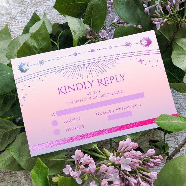 Celestial Sunset Pink Sun Moon Stars Hochzeit RSVP Karte (Von Creator hochgeladen)