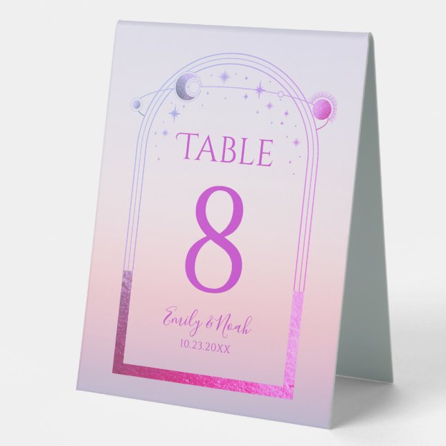 Celestial Sunset Pink Sun Moon Stars Wedding Tischaufsteller (Vorderseite)