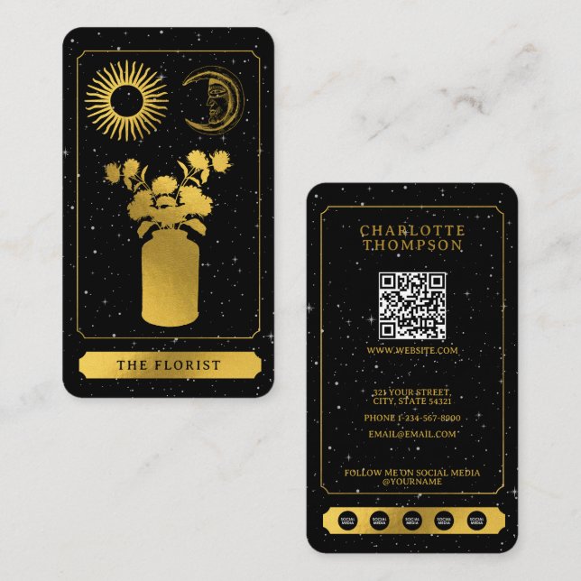 Celestial Tarot Sun Moon Florist Floral Gold Visitenkarte (Vorne/Hinten)