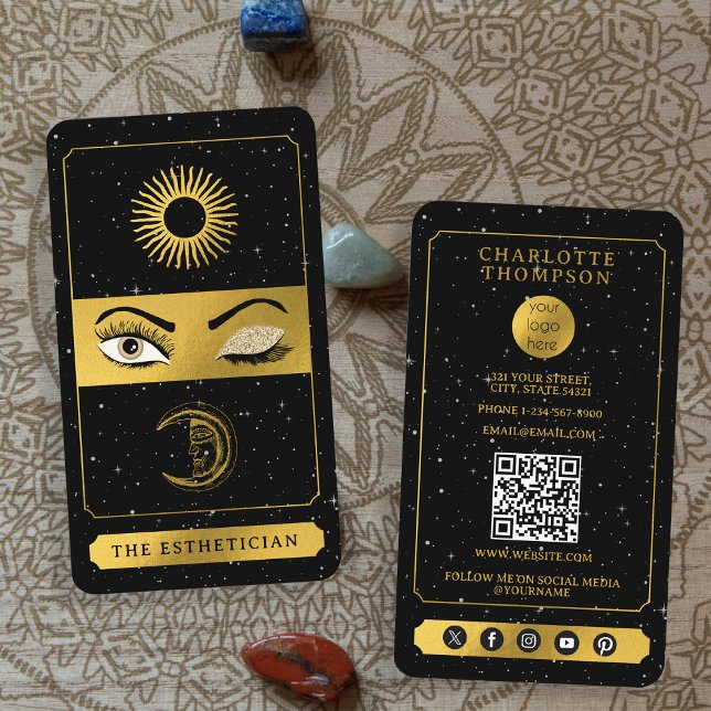 Celestial Tarot Sun Moon Makeup Artist Black Gold Visitenkarte (Celestial Tarot Sun Moon Makeup Artist Black Gold Business Card)