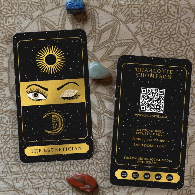 Celestial Tarot Sun Moon Makeup Artist Black Gold Visitenkarte (Celestial Tarot Sun Moon Makeup Artist Black Gold Business Card)