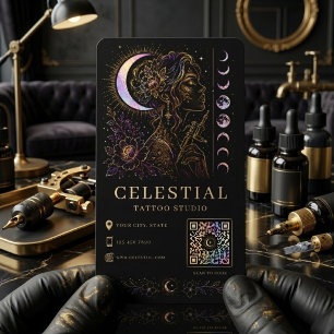 Celestial Tattoo Studio Luxus Schwarz Gold QR Tatt Visitenkarte