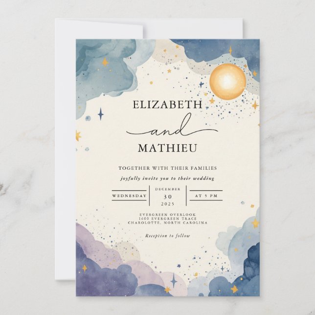 Celestial Watercolor Sky Wedding Einladung (Vorderseite)