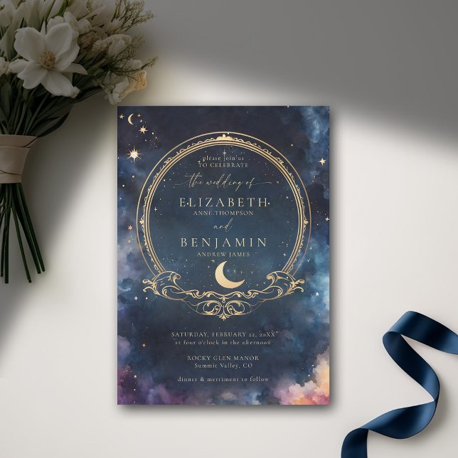 Celestial Waters Midnight Blue Elegante Wedding Einladung (celestial wedding invitation elegant frame watercolor moon stars sky modern classic)