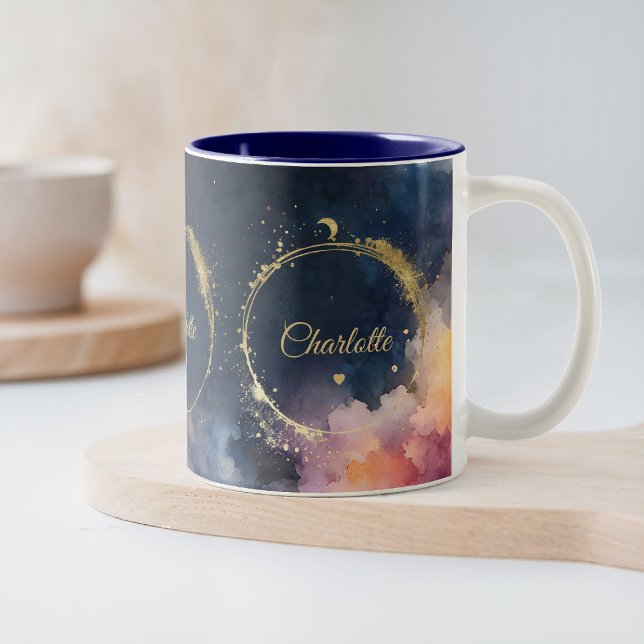 Celestial Waters Midnight Blue Galaxy Sky Planets Zweifarbige Tasse (elestial galaxy personalized midnight blue space mug custom name gift)