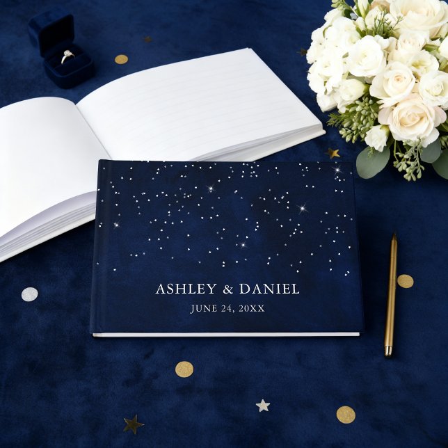 Celestial Wedding Blue Night Stars Hochzeit Gästebuch (Customize to change text size or text style.)