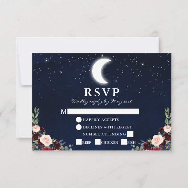 Celestial Wedding Blue Sky Moon Stars Blumenmahlze RSVP Karte (Vorderseite)