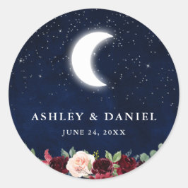 Celestial Wedding Blue Sky Moon Stars Floral Runder Aufkleber