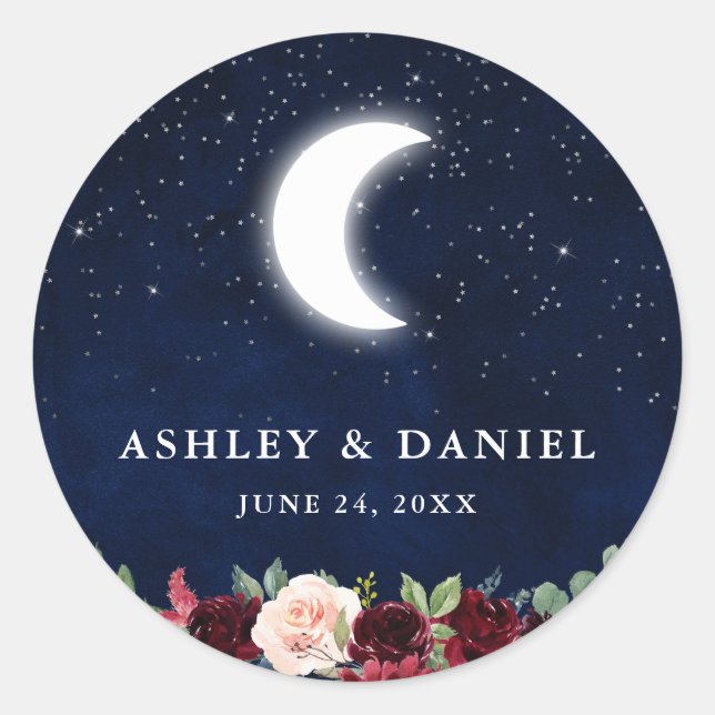 Celestial Wedding Blue Sky Moon Stars Floral Runder Aufkleber (Vorderseite)