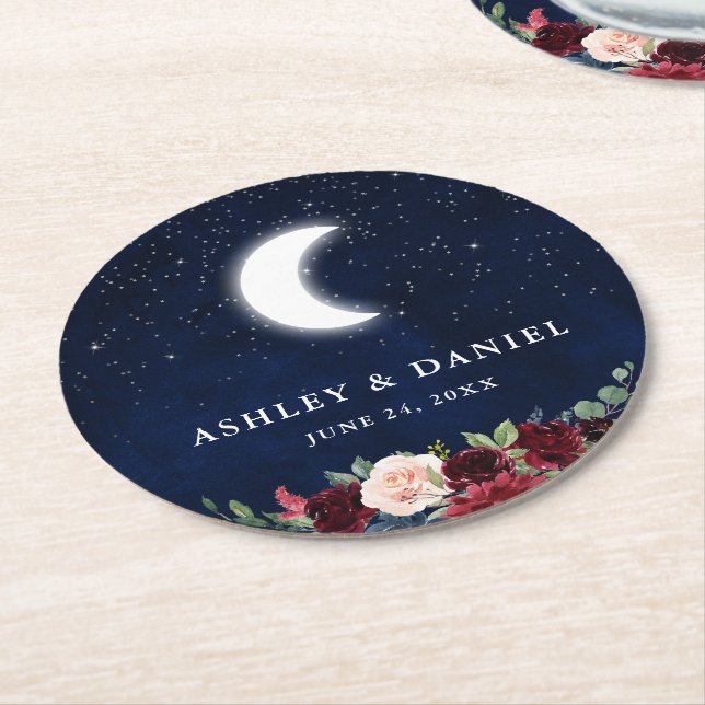 Celestial Wedding Blue Sky Moon Stars Floral Runder Pappuntersetzer (Angewinkelt)