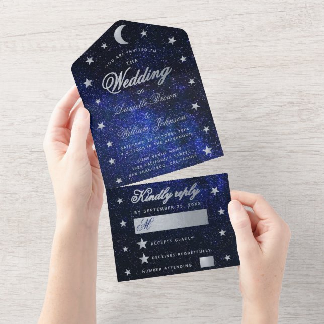 Celestial Wedding Elegante Blue Silver Stars Moon All In One Einladung (Abreißen)