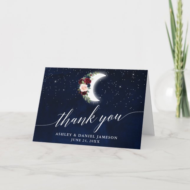 Celestial Wedding Floral Moon Kalligraphie Falten Dankeskarte (Vorderseite)