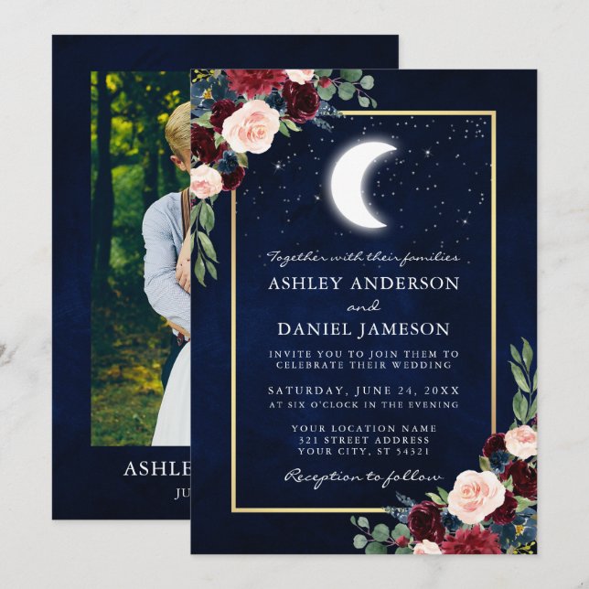 Celestial Wedding Gold Foto Moon Stars Einladung (Vorne/Hinten)
