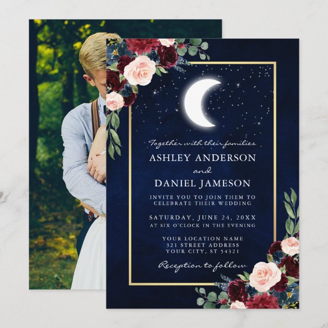 Celestial Wedding Gold Moon Stars Foto Einladung (Vorne/Hinten)