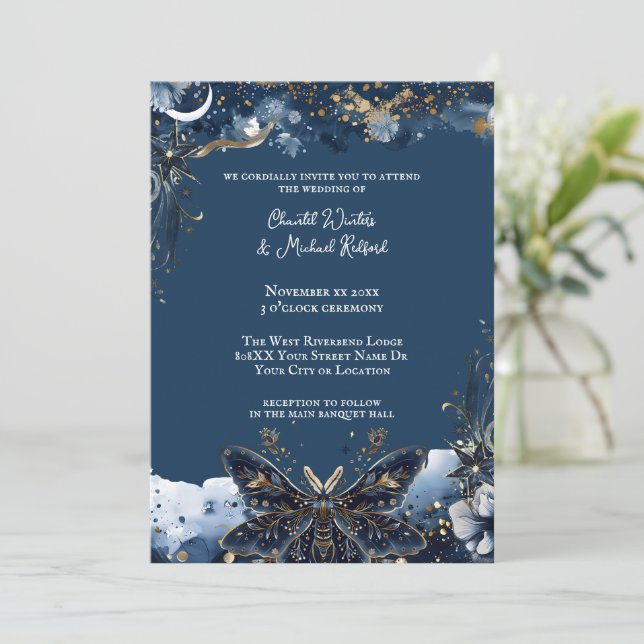 Celestial Wedding Gold und Navy Blue Einladung (Stehend Vorderseite)