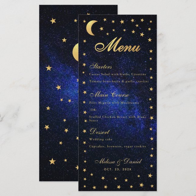 Celestial Wedding Menu - Elegante Blue Gold Stars Menükarte (Vorne/Hinten)